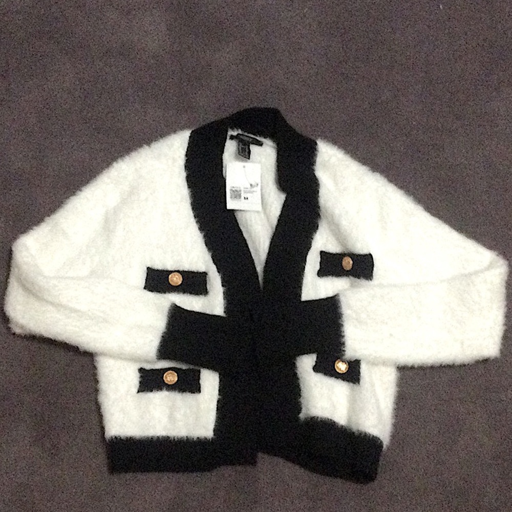 Black and white furry cardigan